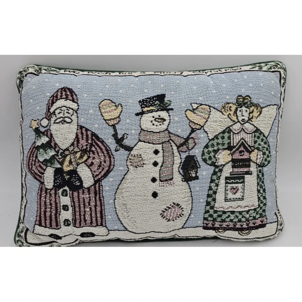 Tapestry Christmas Throw Pillow Santa Snowman Angel Holiday Decor 17x12 Vintage